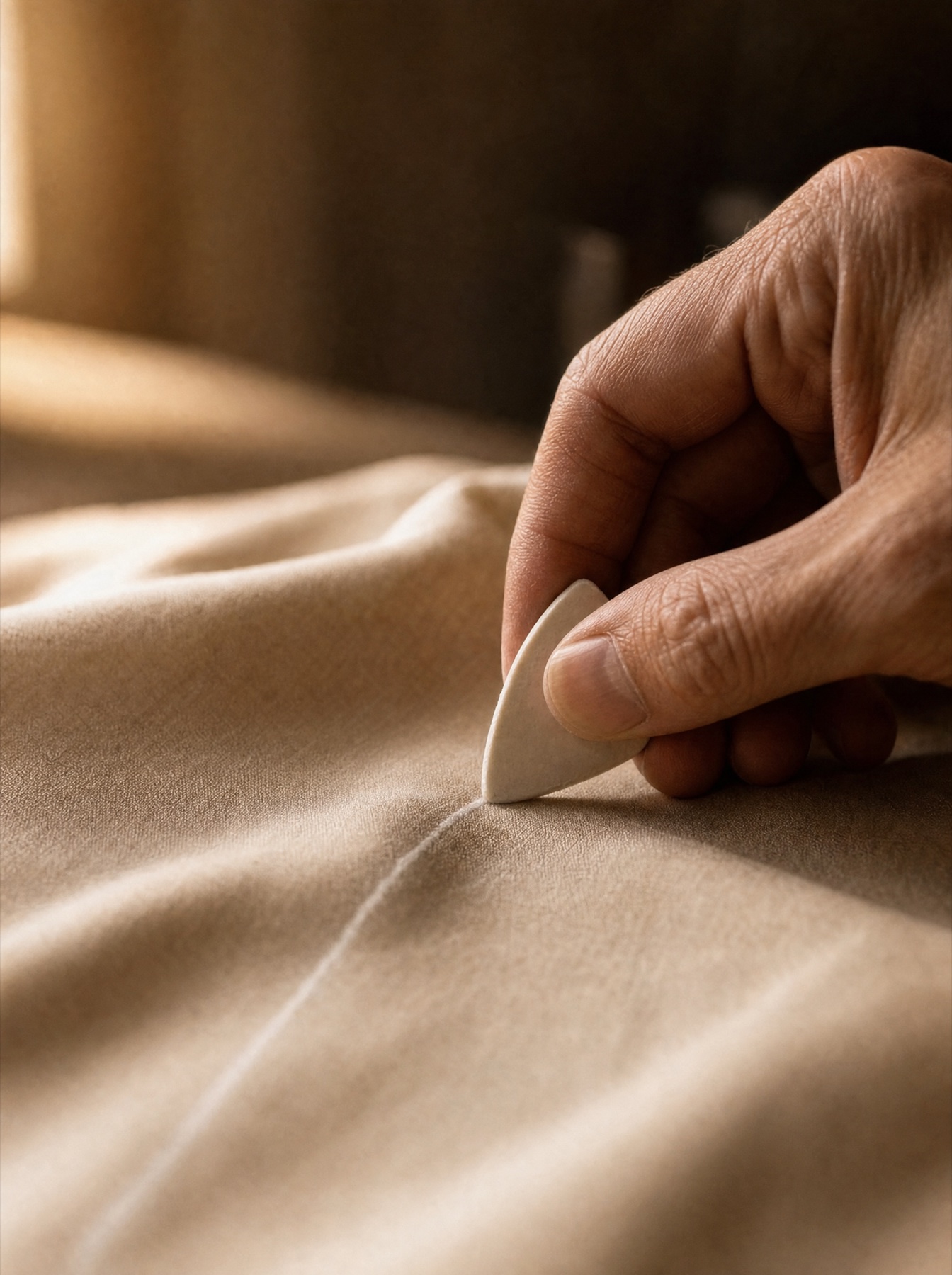 A hand marking a panel of camel wool with a flat tailor's chalk in low afternoon light.