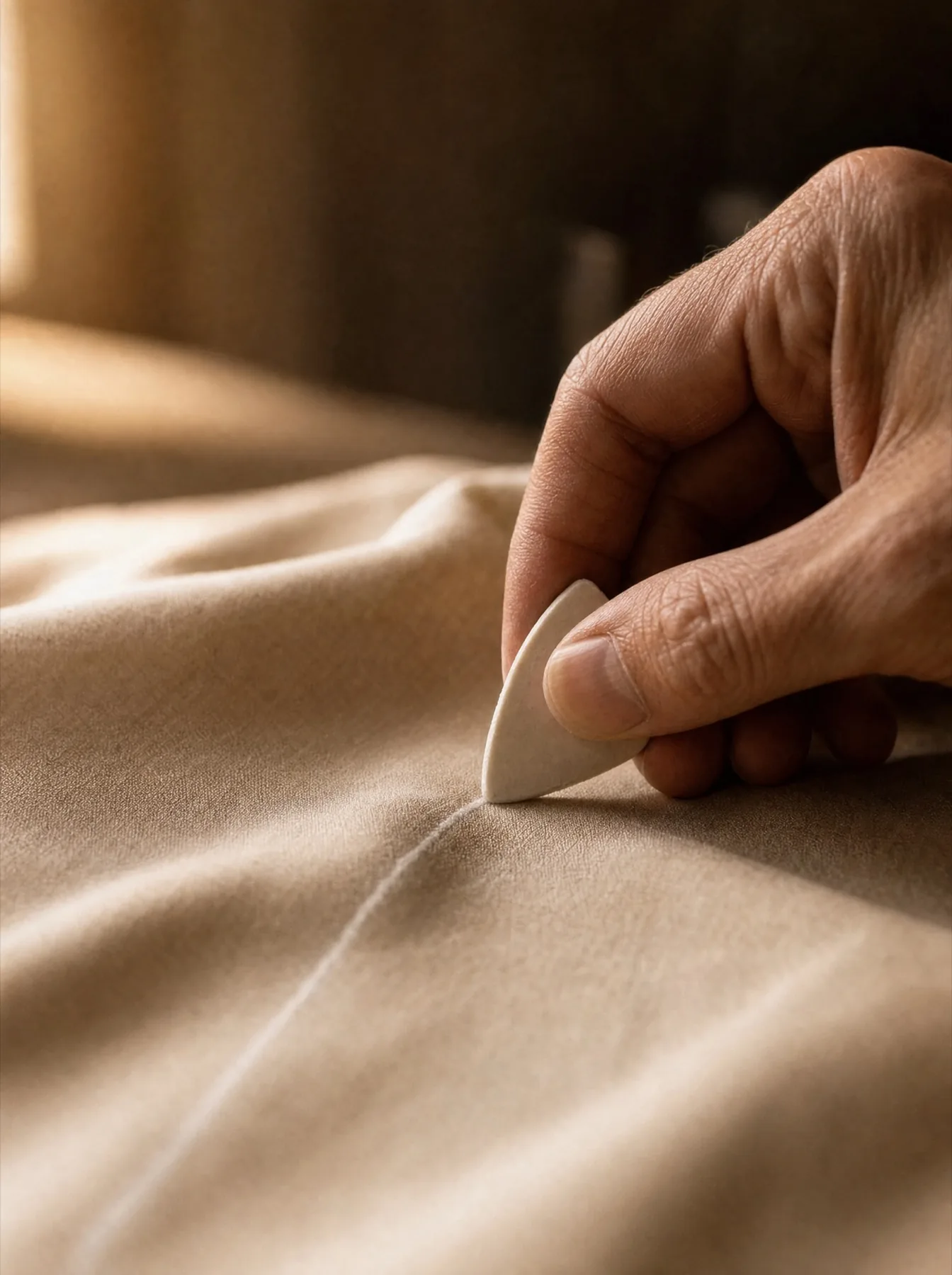 A hand marking a panel of camel wool with a flat tailor's chalk in low afternoon light.