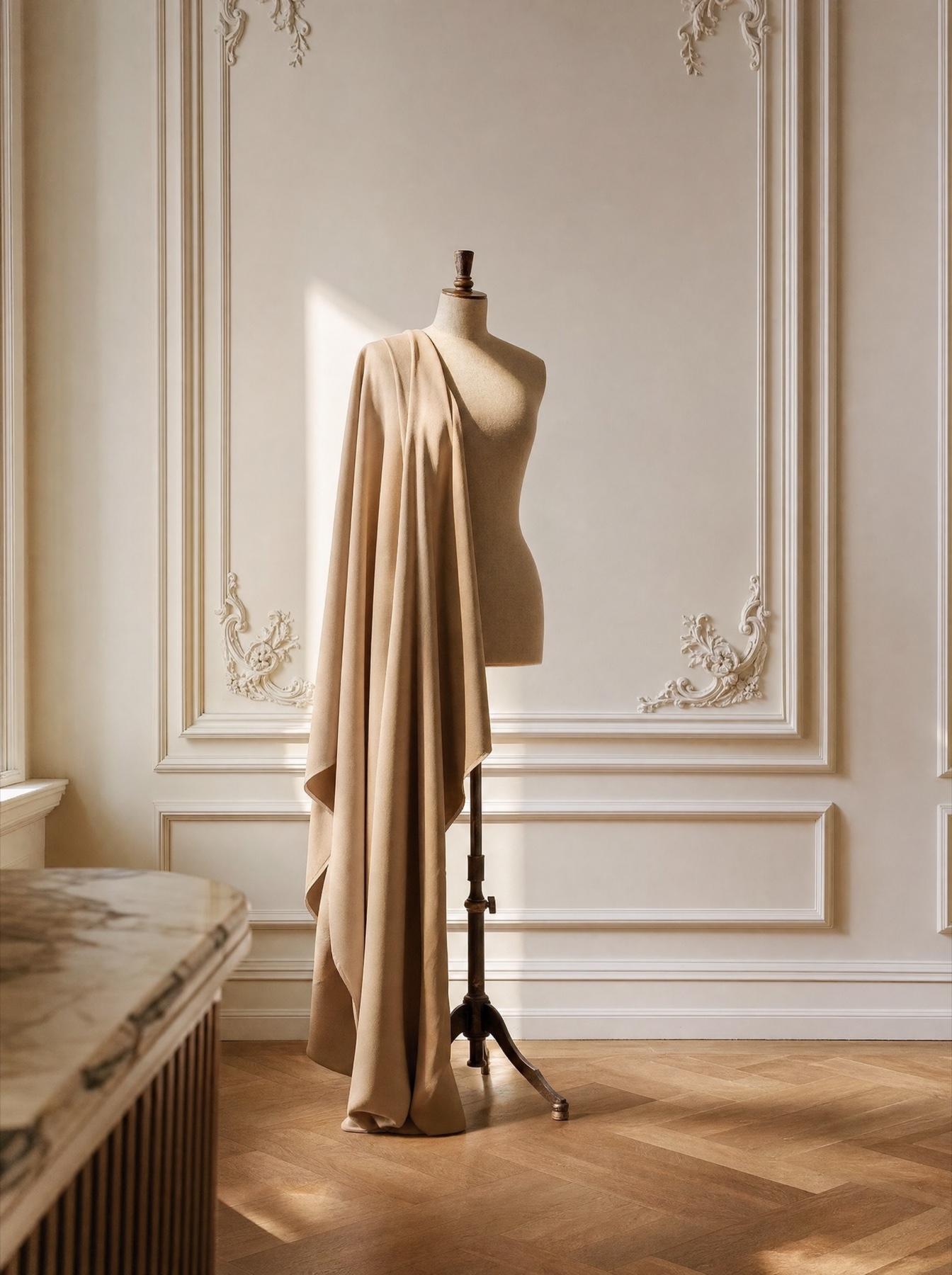 A dress form draped in a single length of camel cloth, standing in a panelled room with herringbone floors.