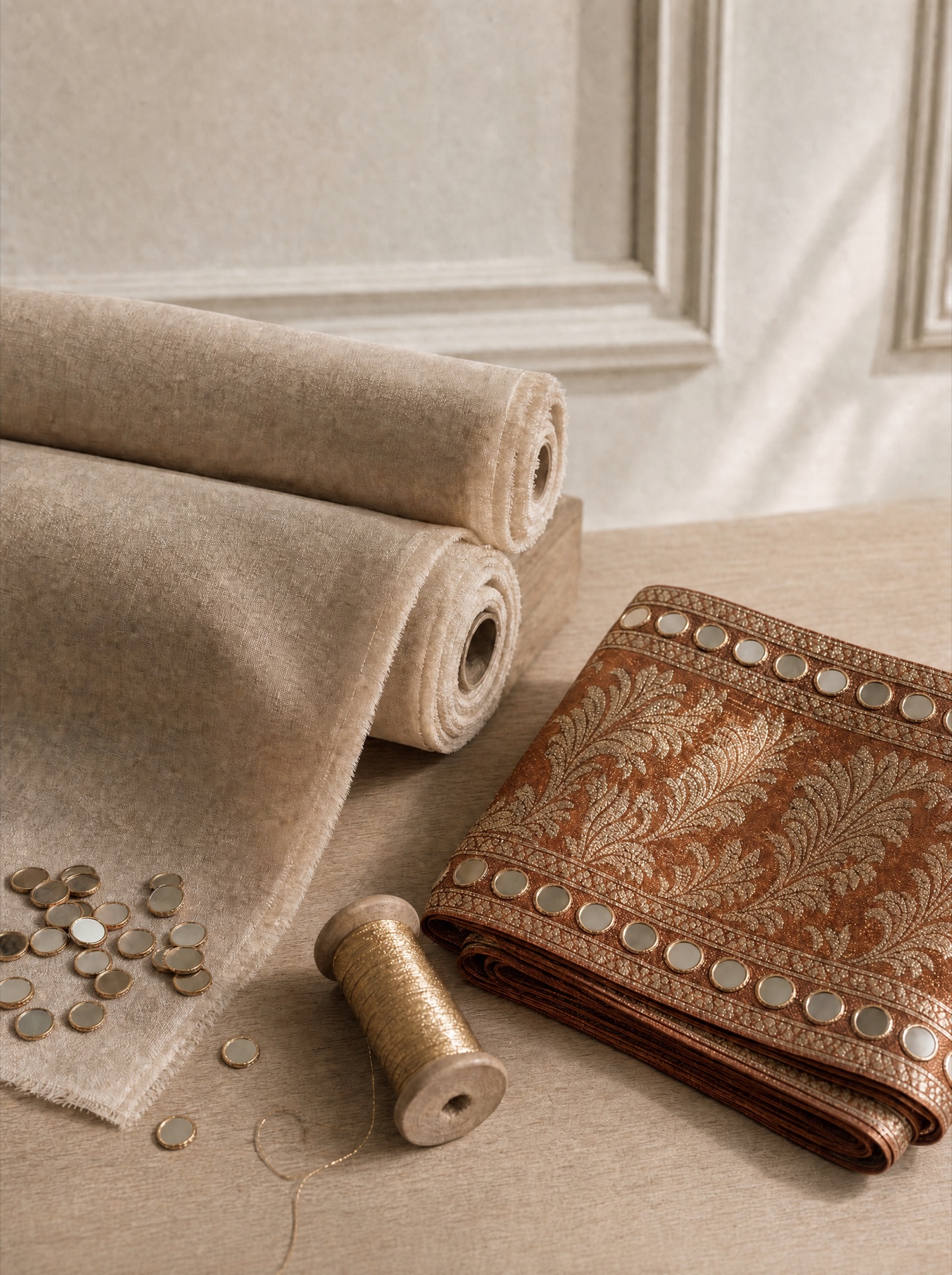Rolls of undyed linen beside folded copper brocade, loose mirrors and a wooden spool of gold thread.