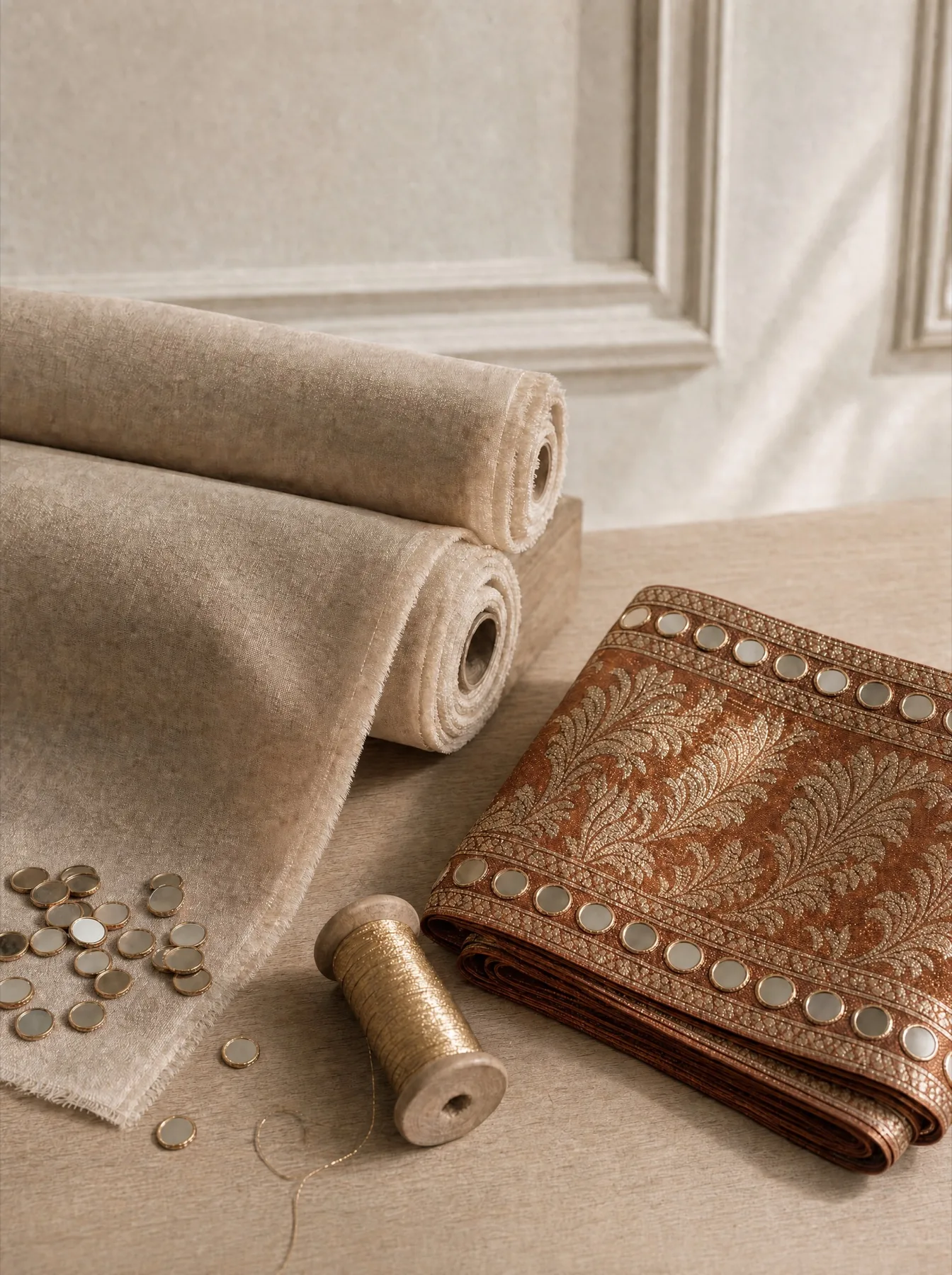 Rolls of undyed linen beside folded copper brocade, loose mirrors and a wooden spool of gold thread.