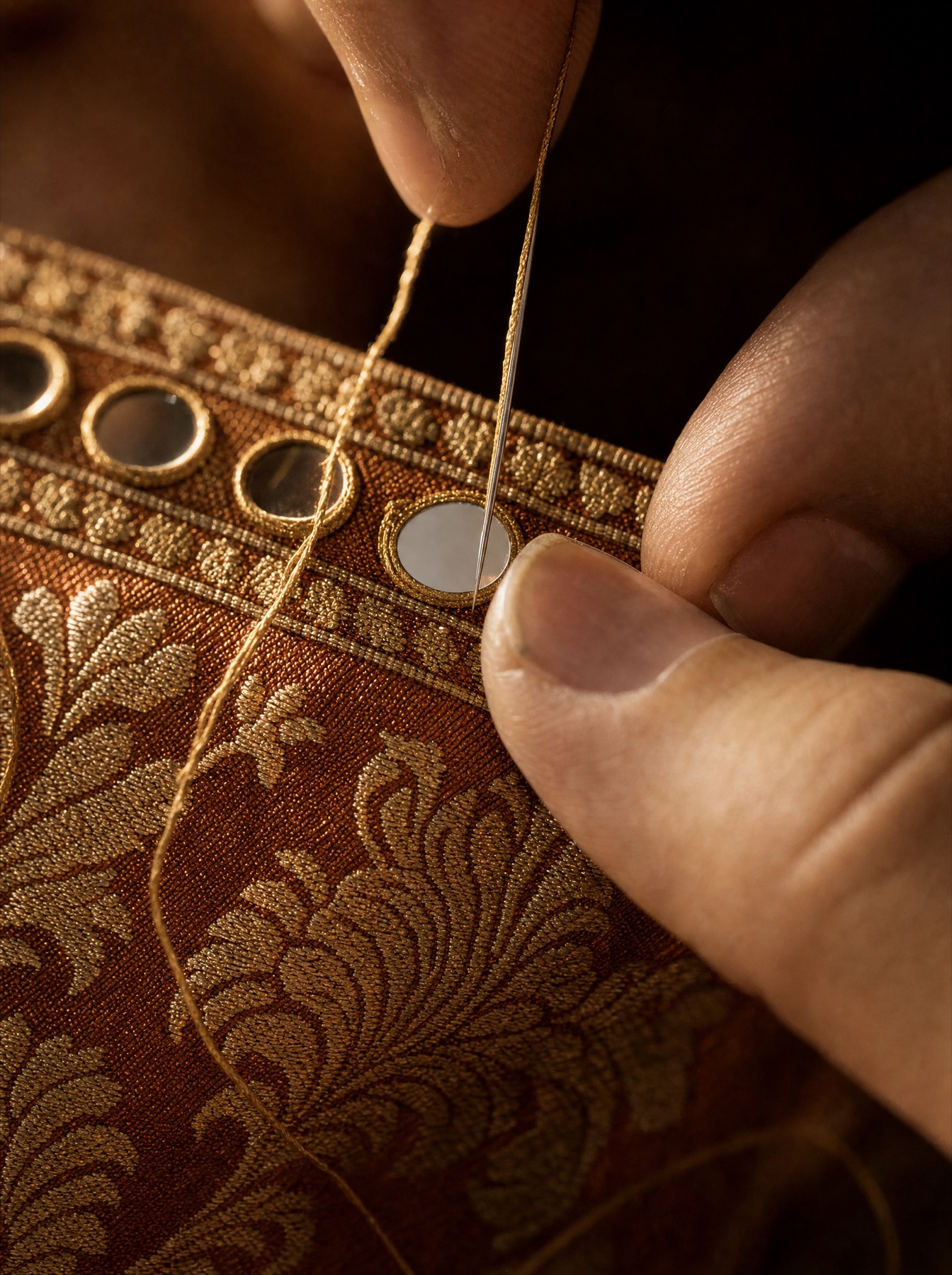 Hands couching a small round mirror onto copper brocade with a needle and gold thread.