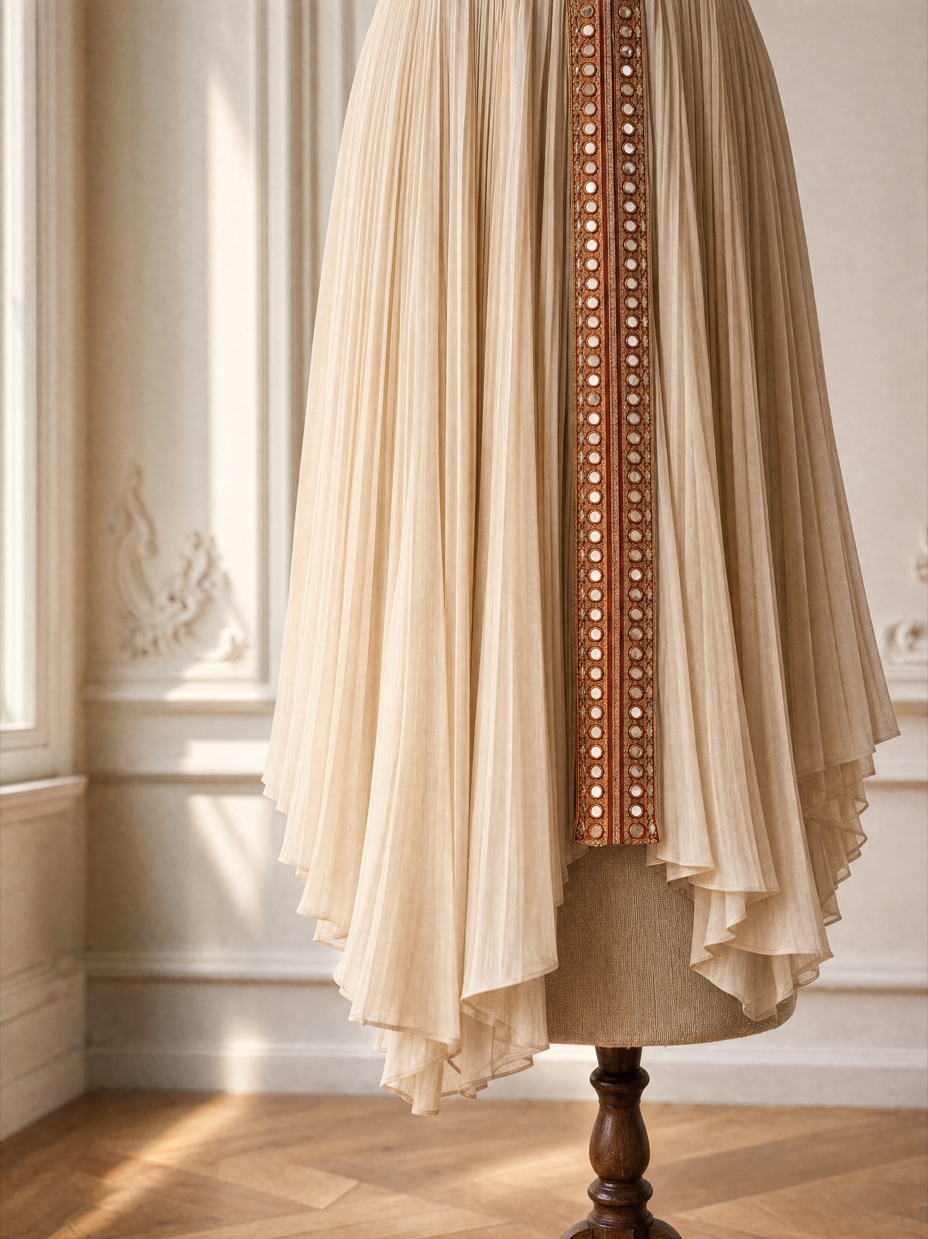 A finely knife-pleated skirt in pale chiffon with a single vertical mirrorwork panel down the centre front.