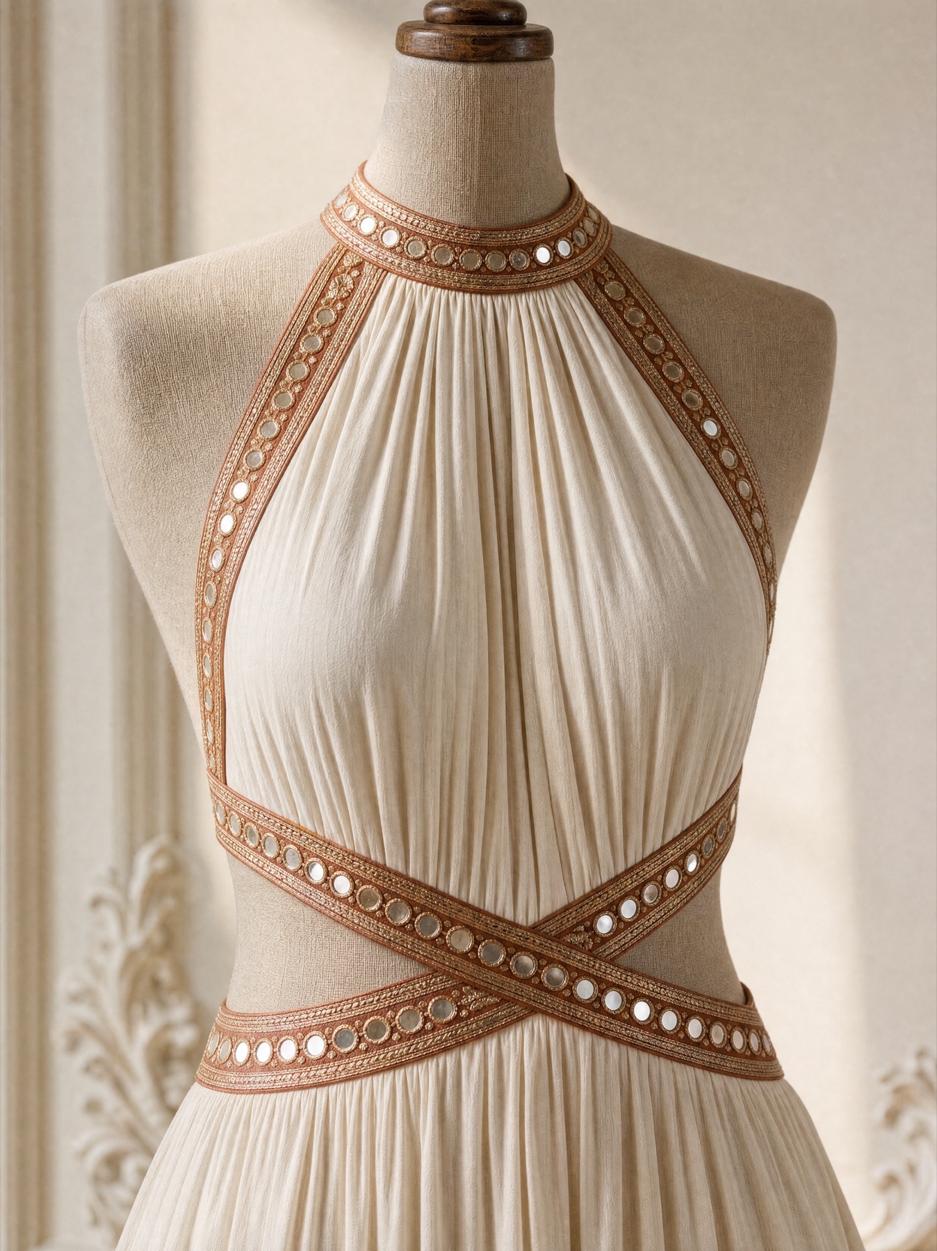 A halter-necked gown in cream chiffon with mirrorwork bands crossing the bodice and ringing the neckline.