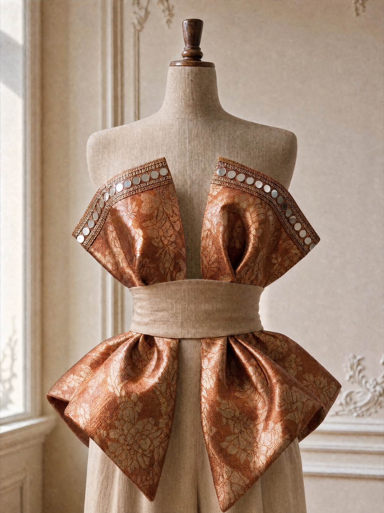 A strapless bodice of copper brocade folded into wide panels edged with mirrorwork, tied at the waist with a broad undyed linen sash.