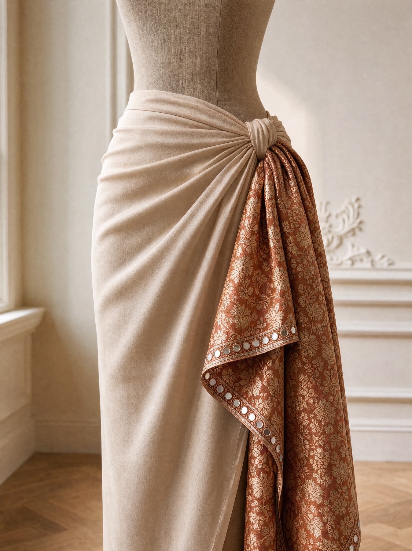 A bias-cut wrap skirt in camel cloth knotted at one hip, with a length of copper brocade falling from the knot.