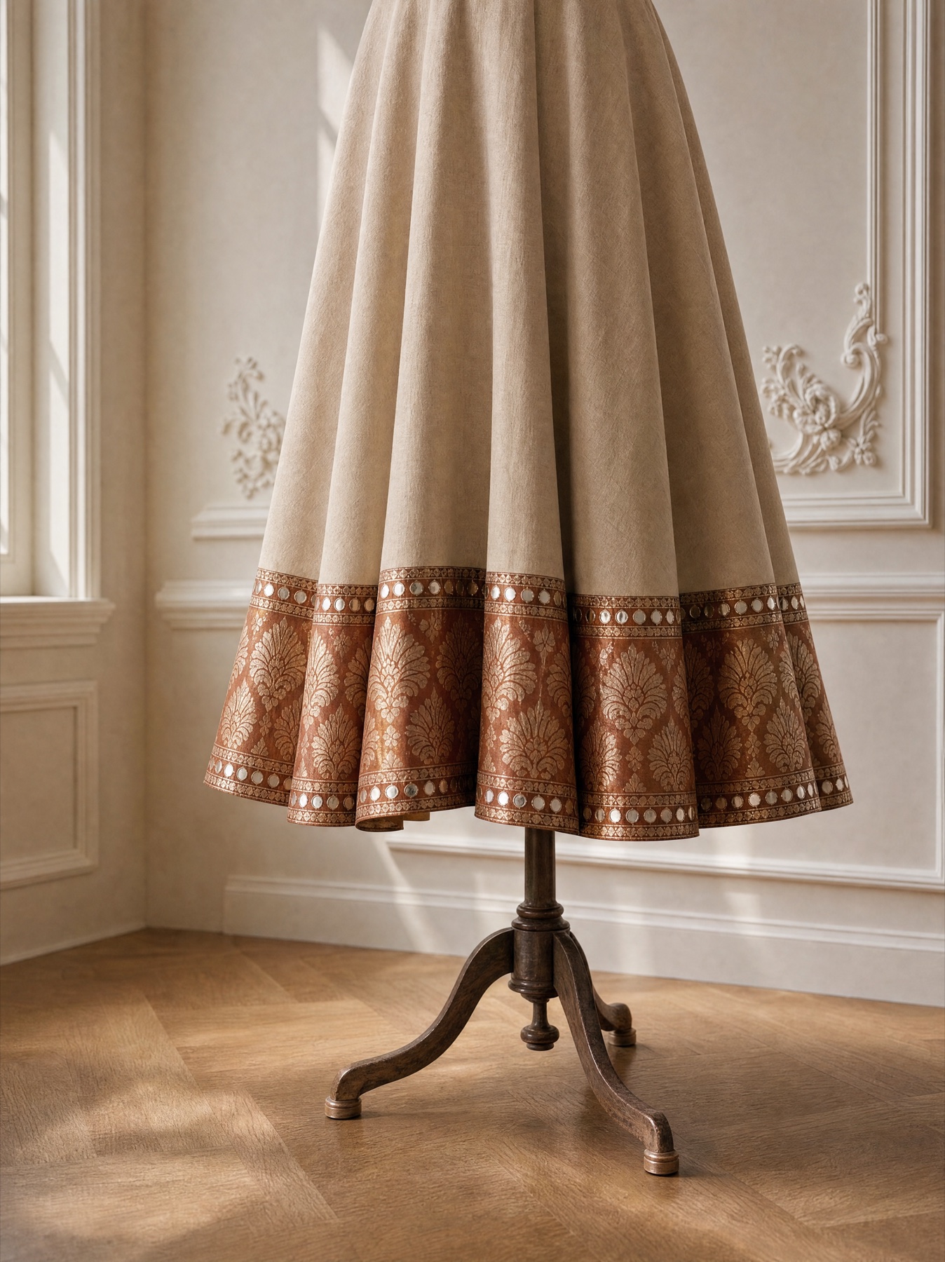 A full A-line skirt in undyed linen finished with a deep damask brocade border and two rows of mirrors at the hem.