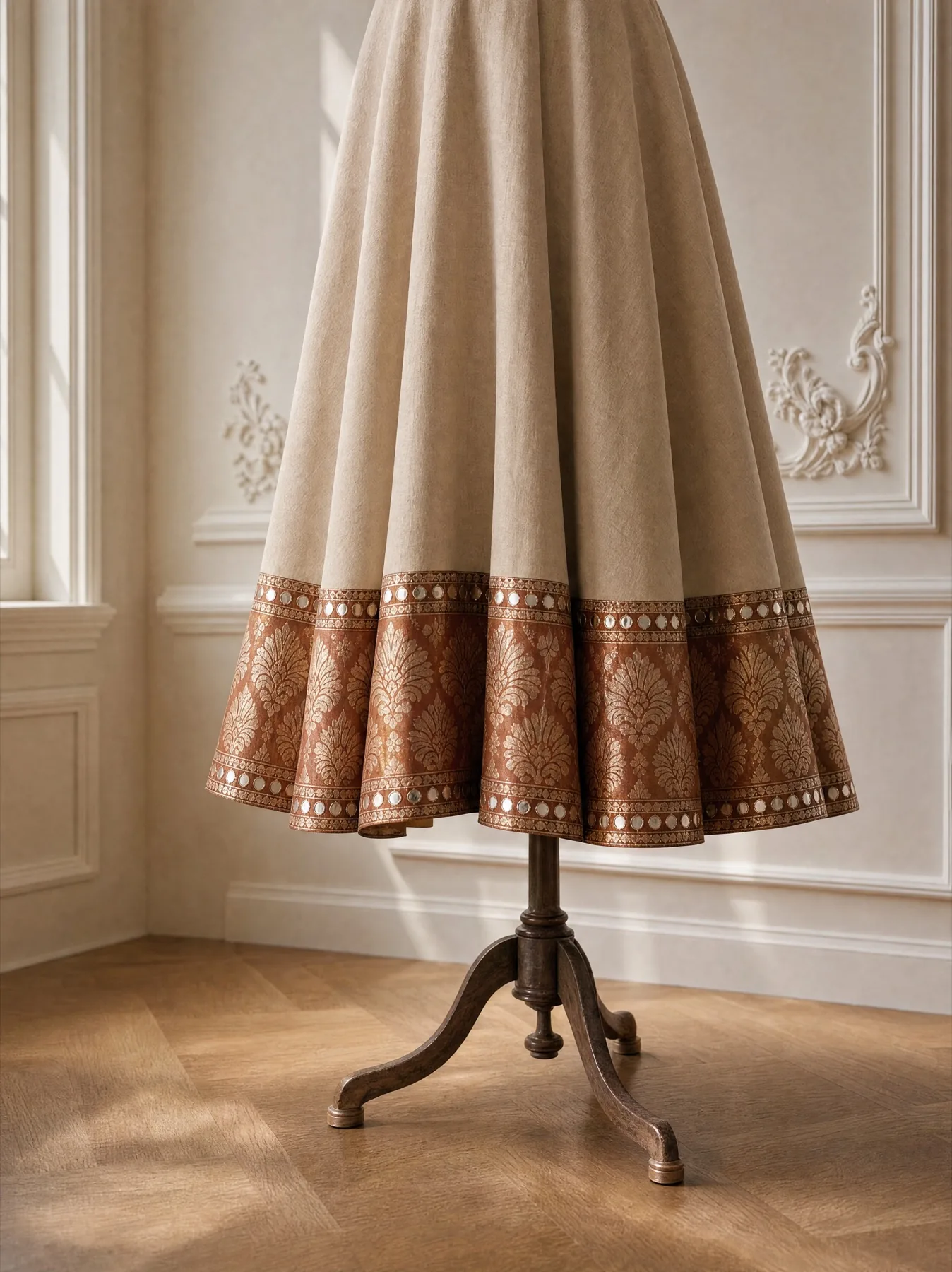 A full A-line skirt in undyed linen finished with a deep damask brocade border and two rows of mirrors at the hem.