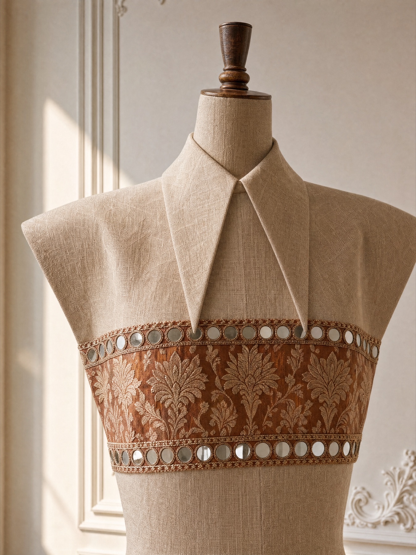 A structured linen collar with sharp shoulders worn above a brocade bandeau bordered in mirrors.