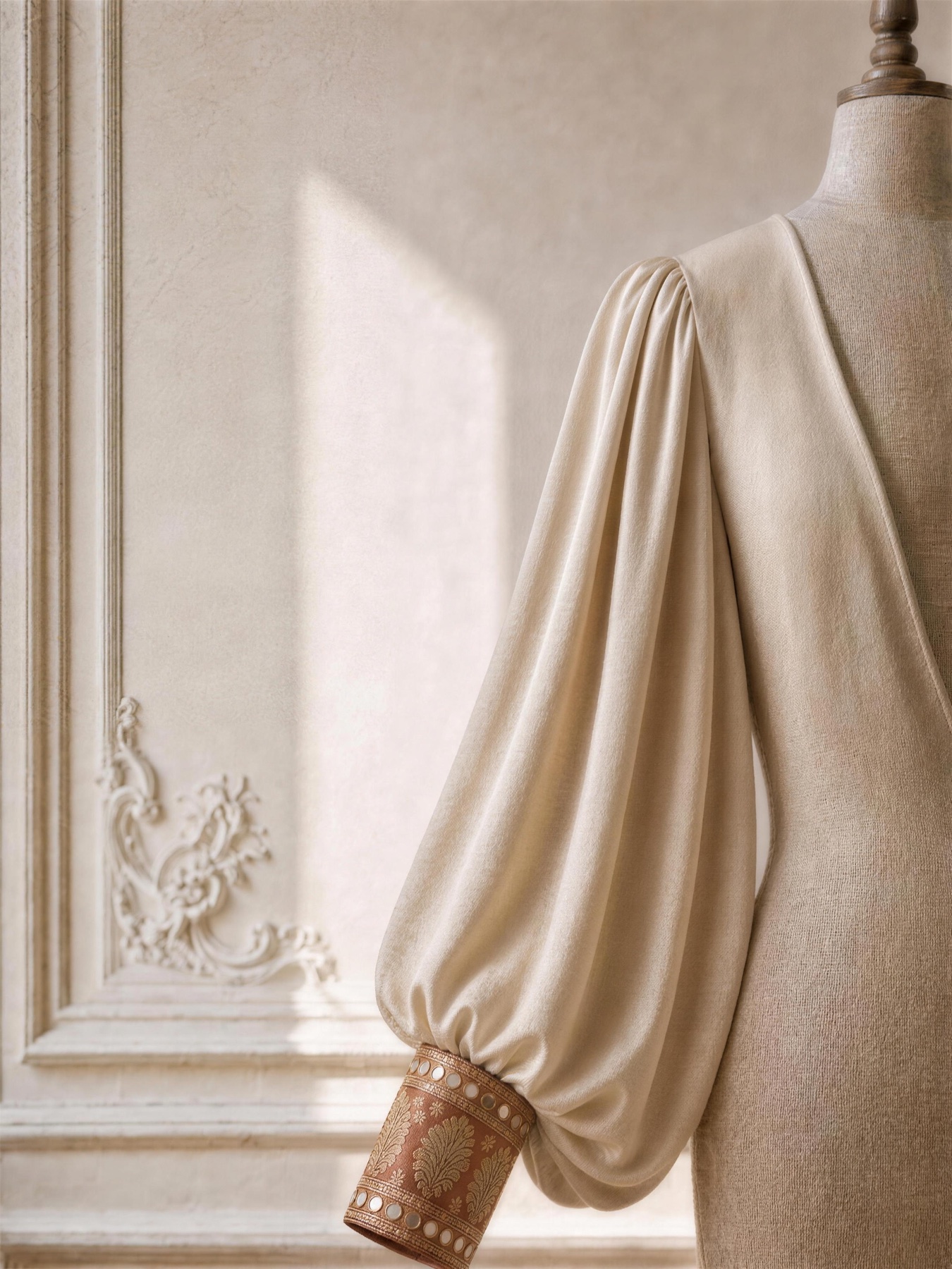 A full balloon sleeve in cream velvet gathered into a brocade cuff edged with mirrors.